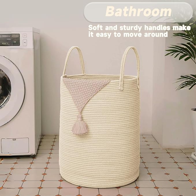 JMvicyroam Large Woven Laundry Basket Hamper,80L Cotton Rope Storage Bin for Blankets,Toys and Clothes,Decorative Tall Nursery Hamper for Living Room,Baby Nursery,Bathroom and Bedroom,Beige