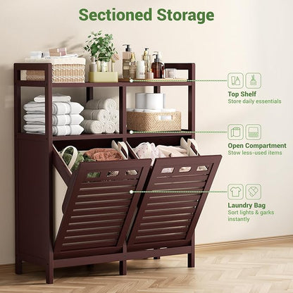 Homykic Tilt Out Laundry Hamper Cabinet, Bamboo Double Laundry Hamper with 2 Removable Laundry Baskets, 20 Gal Laundry Sorter Organizer with Shelf for Dirty Clothes, Bathroom, Laundry Room, Espresso
