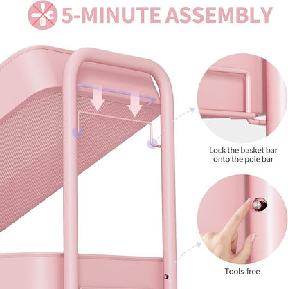 TOOLF 3 Tier Rolling Cart Storage Organizer, Metal Rolling Utility Cart with Wheels, Hooks & Bins Esthetician Craft Art Sturdy Storage with Pegboard for Bathroom, Kitchen, Office, Nursery Diaper