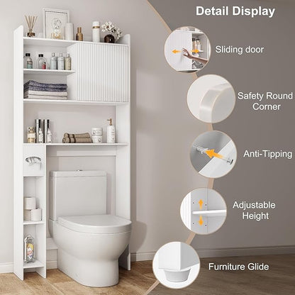 31.5" W Over The Toilet Storage Cabinet with Sliding Door, Bathroom Above Toilet Storage Cabinet with Adjustable Shelves, Toilet Paper Holder, Space Saver Cabinet for Bathroom, White