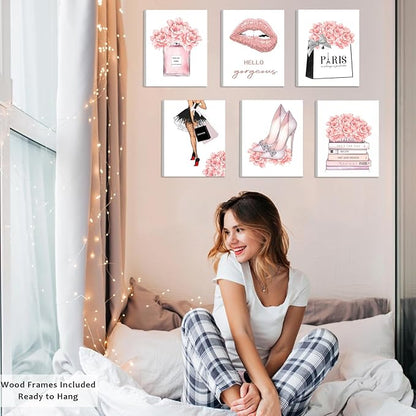 FRAMED Pink Makeup Room Canvas Wall Art, Fashion Woman Picture Wall Decor Paintings, Watercolor Perfume High Heels Lipstick Beauty Room Decor Pictures Arts for Girls Women Room Decor, (Set of 6, 8x10 in, Framed)
