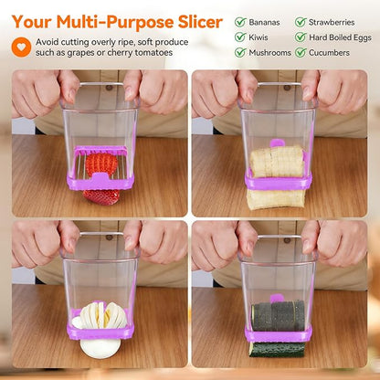 Fruit Slicer Cup for Strawberry, Banana, Hard-Boiled Egg - Detachable Cutter with Push Plate - Rapid & Safe Slicing Kitchen Gadget for Quick Meal Prep (Purple)
