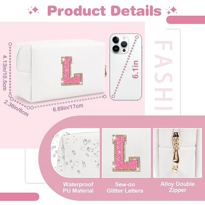 Small Personalized Initial A-Z Patch Makeup Bag,White Cute PU Leather Glitter Letter Cosmetic Bag for Teen Girls,Travel Toiletry Bag with Zipper,Preppy Monogrammed Birthday Gift for Daughter Niece L
