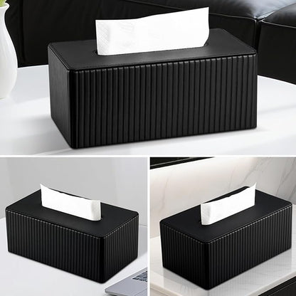 KINGFOM PU Leather Tissue Box Cover Rectangular Tissue Box Holder with Magnetic Bottom, Napkin & Facial Tissue Holder Dispenser for Home, Office (Decorative Pattern-PU Leather, Black Stripe)
