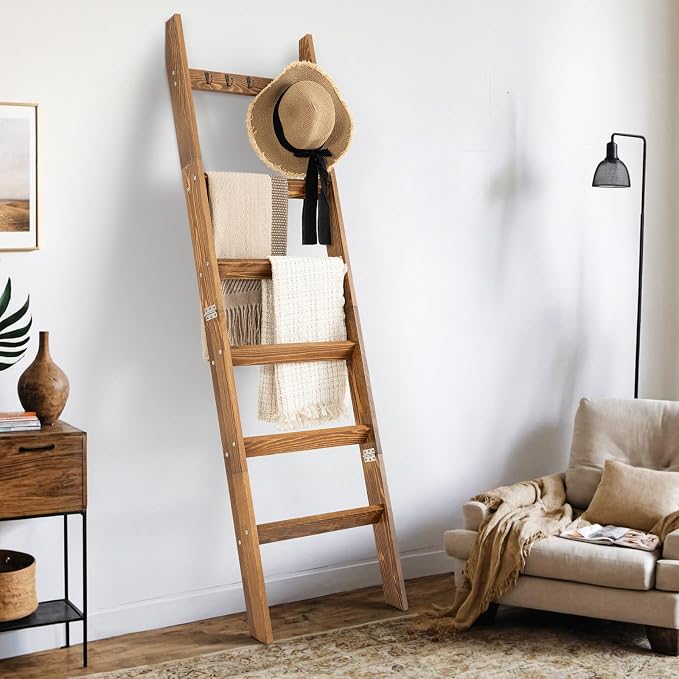 TEAKMAMA 6-Tier Blanket Ladder for Living Room and Bedroom,5.4 Ft Wall Leaning Quilt Rack with Hooks,Rustic Decorative Farmhouse Blanket Storage,Stylish Ladder Holder,Christmas Decorations,Honey Brown