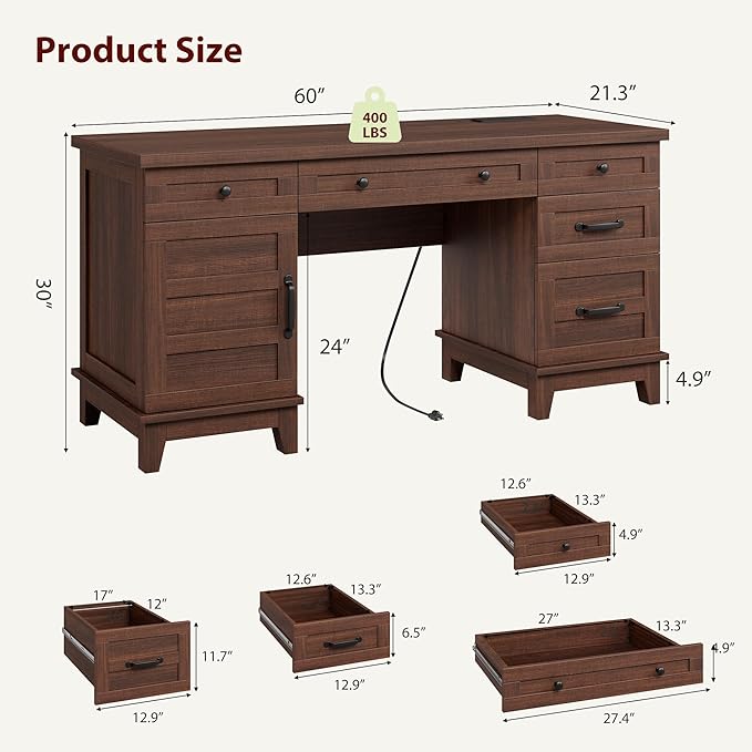 60" Executive Desk with Power Outlet, Home Office Desk with Drawers, Wooden Work Desk with File Cabinet, Computer Desk for Work, Study, Writing, Brown