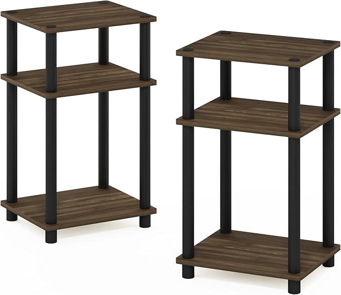 Furinno JUST Night Stand Set of 2, 3-Tier Turn-N-Tube Nightstand, Toolless Bedside Tables, End Table, Side Table with Open Storage for Bedroom, Closet, Dorm, Bathroom, Columbia Walnut