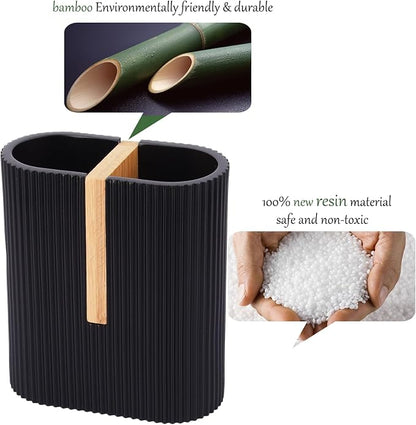 rejomiik Matte Black Toothbrush Holders Electric Toothbrush Holder for Bathrooms, Bamboo Tooth Brushing and Toothpaste Storage Organizer for Sink, Countertop