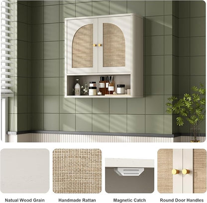 RUSTOWN Rattan Bathroom Wall Cabinet, Over The Toilet Storage Cabinets with 2 Arched Doors, Modern Medicine Cabinet with Adjustable Shelf & Rounded Edges, Mid-Century Bathroom Organization