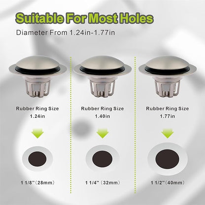 Bathroom Sink Drain Stopper,Pop Up Sink Stopper Universal 2-in-1 Design with Hair Catcher, Bathroom Sink Stopper and Anti-Clog Strainer for 1 1/8"-1 1/2" Drain Holes,Brushed Nickel,1 Pack