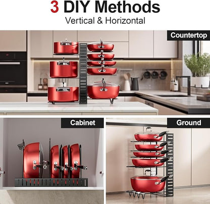MUDEELA 8-Tier Pots and Pans Organizer under Cabinet, 16.61" Height Light Duty Pot and Pan Organizer Kitchen Cabinet Organization and Storage, Adjustable Pot Rack with 3 DIY Methods for Lids, Bakeware