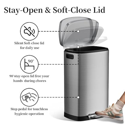 KdbK 13 Gallon Trash Can with Lid, 50L Fingerprint Proof Stainless Steel Kitchen Trash Can with Removable Inner Bucket and Lid Soft Close, Pedal Rubbish Bin for Home Office（Silver）