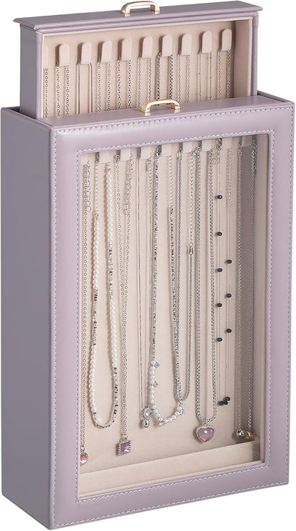 Lolalet Necklace Organizer Box, Jewelry Storage Box with Clear Window for Necklaces Bracelets, Tangle-Free Necklace Display Case for Women Girls, Dusty Purple, 2 Layers 20 Hooks