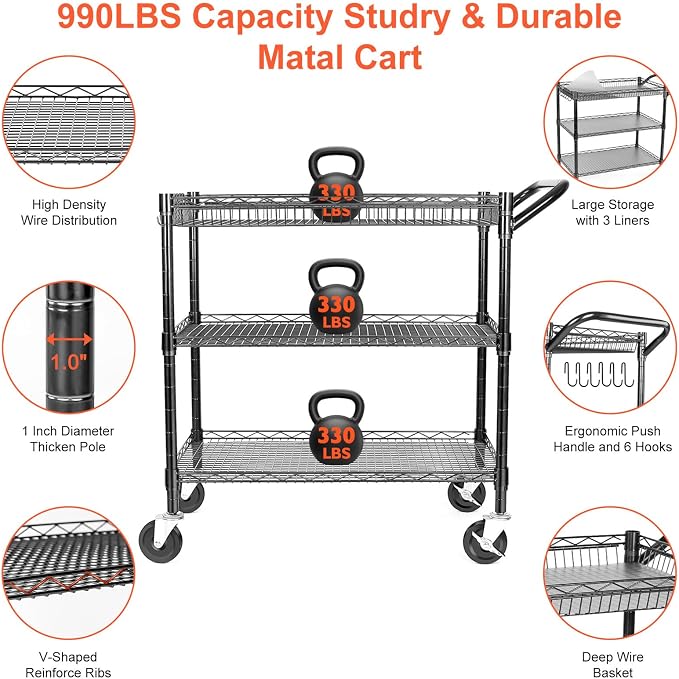 BolDuck Heavy Duty Utility Cart, 990Lbs Capacity 3 Tier Rolling Carts with Wheels, Kitchen Cart on Wheels with Storage, Commercial Grade Metal Serving Carts with Wire Shelving &Handle Bar, Black