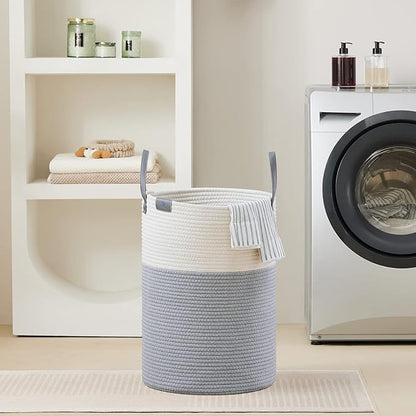 VIPOSCO Tall Laundry Basket, Large Dirty Clothes Hamper with Leather Handle, Woven Rope Storage Basket for Blanket, Toy In Living Room, Bathroom, Bedroom - 72L Grey & White