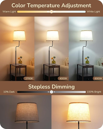 EDISHINE Floor Lamps for Living Room, 3000K-6500K Dimmable Floor Lamp with Table, USB-A+Type-C Charging Port, Table with Lamp Attached for Bedroom, Den, Office, Kids Room, Fire-Burned Wood Color