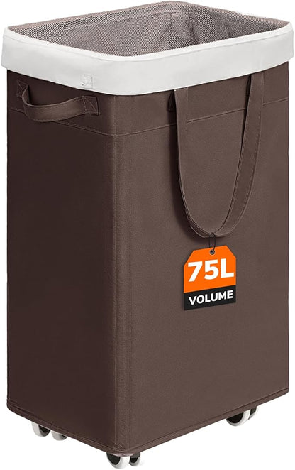 CHICVITA Rolling Laundry Hamper with Wheels, 75L Clothes Hampers for Laundry and Removable Wash Bag, Large Laundry Basket for Living Room, Coffee