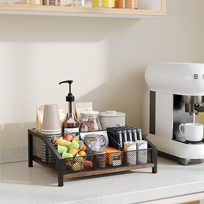 Homsorout Coffee Station Organizer - Coffee Bar Organizer with Removable Dividers for Pods Condiment Syrup Tea Stirrers, K Cup Holder for Kitchen, Office, Home, Countertop, Brown