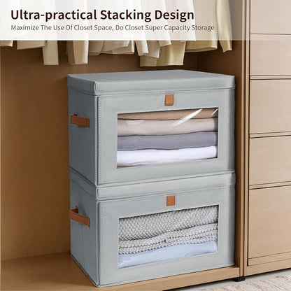 Homsorout Large Closet Storage Organizer - Clothes Storage Bins with Handles & Window, Collapsible Decorative Boxes with Lids, Fabric Containers for Living Room, Dorm, 5 Pack, Grey