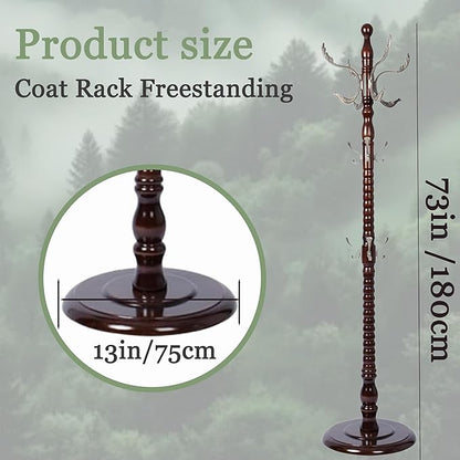 Coat Rack Freestanding,Solid Wooden Coat Rack Stand with 3 Height Options,14 Hooks, Natural Birch Coat Tree Easy to assemble for Clothes Jacket Hat bag Entryway (mahogany) (Nostalgic)