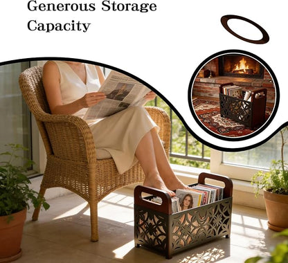 Magazine Holder Floor, Magazine Holder – Wooden & Metal Decorative Magazines Rack, Freestanding Newspaper & Book Storage Organizer for Living Room, Bedroom, and Office