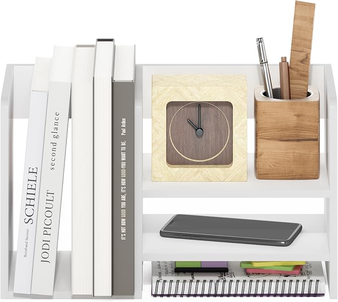 Furinno Hermite Desk Organizers and Accessories with File Holder, Office Organization, Desk Top Book Shelf, for Office Supplies, Office Desk Accessories, Plain White