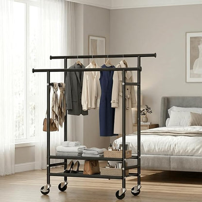 HYSEYY Rolling Clothes Racks, Double Rods Clothing Rack
