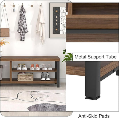 FOLUBAN Entryway Bench, Modern Wood Shoe Bench for Living Room Hallway, Industrial Indoor Shoe Storage Bench Seat, Rustic Walnut, 47 Inch