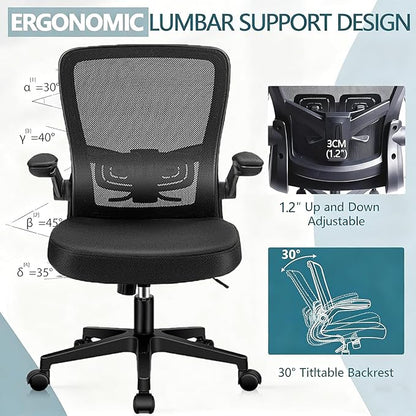 Desk Chairs with Wheels, Ergonomic Mesh Office Chair Adjustable Height and Swivel Lumbar Support Home Office Chair with Flip Up Armrests (1PK)