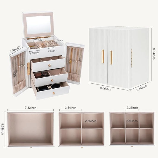 Dajasan Large Jewelry Box Organizer, Jewelry Storage Organizer with 3 Drawers, Huge Jewelry Box with Mirror for Women Girls, Double Door, Textured PU Leather, Gift Idea, Stylish (White + Gold)