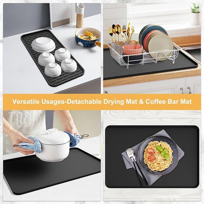 Silicone Coffee Mat,16''x16'' Coffee Bar Mat with Detachable Dish Drying Mat for Kitchen Countertops,Coffee Bar Accessories Fit Under Coffee Maker Coffee Machine Coffee Pot Espresso Machine Dish Rack