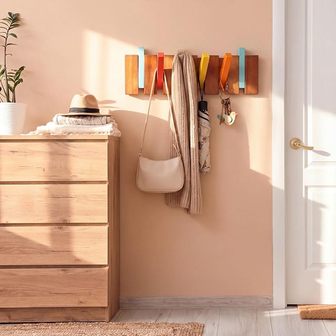 Youyole Mid Century Modern Wooden Coat Hooks Wall Mounted Folding Coat Rack Hanger with 6 Hooks Heavy Duty Flip Down Piano Hat Rack for Hanging Coats Hats Home, 6 Hook