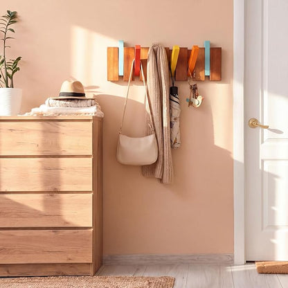 Youyole Mid Century Modern Wooden Coat Hooks Wall Mounted Folding Coat Rack Hanger with 6 Hooks Heavy Duty Flip Down Piano Hat Rack for Hanging Coats Hats Home, 6 Hook