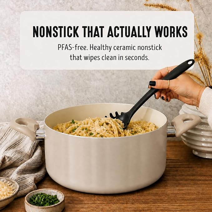 GreenLife 5 Quart Nonstick Stock Pot with Lid, Non-Toxic Ceramic Pot, Dishwasher Safe, Induction Ready, Fast Heating, Stay-Cool Handles, Kitchen Casserole, Soup, Pasta, Easy Clean, Beige Taupe