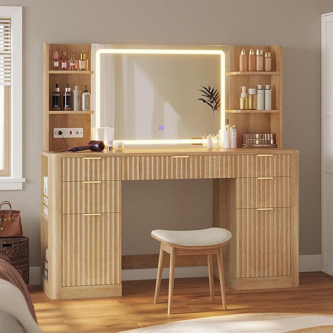 51.2" Fluted Makeup Vanity Desk with Large 30.3" Mirror and Lights, 5 Drawer Vanity with Power Strip, 6 Open Shelves, 2 Cabinet，Modern Dressing Table with Solid Wood Legs for Bedroom, Oak