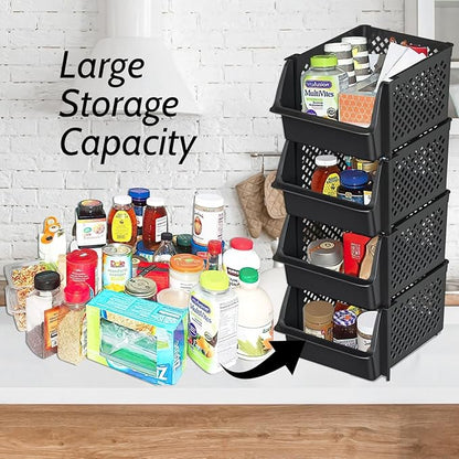 Skywin Stackable Storage Bins Open Front for Pantry Storage, 4 Pack - Black | Sturdy Plastic, Easy Stacking, Open Front Access, Ventilated Sides, Vertical & Space Saving Pantry Organizers and Storage Bin