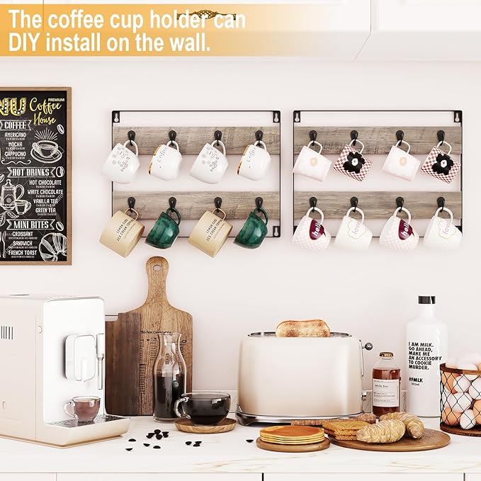 IBUYKE Wall-Mounted Mug Rack Set of 3, 24-Hook Large Coffee Display Organizer for Kitchen, Home, Bar, Coffee Station - Rustic Wood, Greige TBJ005Y-3