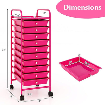 RELAX4LIFE 10 Drawer Rolling Cart - Slim Storage Cart w/Lockable Wheels for Classroom School Teacher Office, Art Supplies Paper Scrapbook Craft Organizers, Utility Cart with Drawers (Pink)