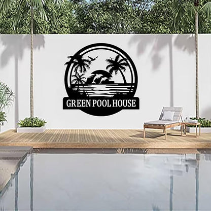 Custom Sunshine Palm Tree Beach House Metal Wall Art Personalized Ocean Waves Pool Name Sign Home Decor Patio Decoration Birthday Family Pool Home décor Tree House Sign