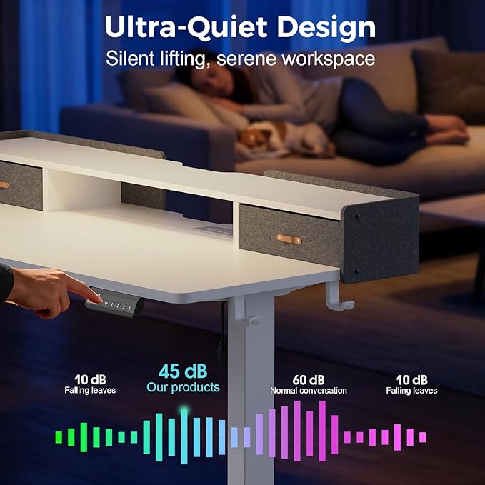 Electric Standing Desk with Drawers, 63 Inch Height Adjustable Desk with Power Outlets & LED Lights, Sit Stand Table with Monitor Stand for Home, Office, White