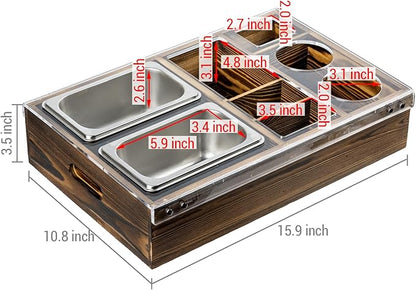 MyGift Couch Caddy Rustic Burnt Solid Wood and Premium Clear Acrylic TV Snack Tray with 2 Stainless Steel Snack Bowls, Dual Cutout Anti-Spill Drink Holders, Remote Control and Cell Phone Slots