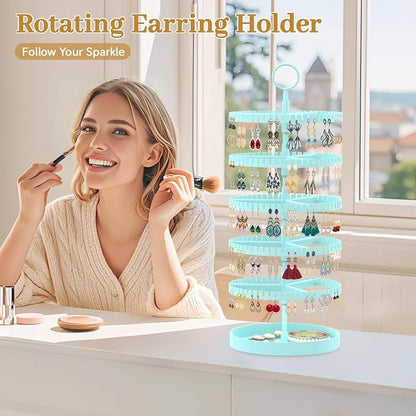 MODOWEY 5 Tier Rotating Earring Holder Organizer Display Tree with Metal Tray, Adjustable Plastic Stand with 285 Slots for Stud Hoop Hanger, Large Capacity Storage Rack for Women Space Saving, Blue