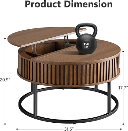 Round Coffee Table with Lift Top - Fluted Wood Center Coffee Tables for Living Room, Lifting Up for Dining, Large Hidden Circle Storage Compartment for Small Spaces, Mid Century Modern, Walnut