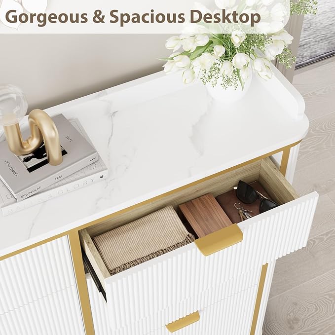 Shoe Cabinet with 4 Flip Drawers and 2 Drawers, Modern Fluted Wood Shoe Storage with Adjustable Shelves, Narrow Slim Shoe Organizer for Entrance, Foyer, Hallway, White