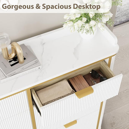 Shoe Cabinet with 4 Flip Drawers and 2 Drawers, Modern Fluted Wood Shoe Storage with Adjustable Shelves, Narrow Slim Shoe Organizer for Entrance, Foyer, Hallway, White