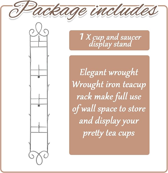 Blulu 1 Pcs Wall Mounted Tea Cup & Saucer Display Rack, 4-tier Metal Mug Holder with Plate Hangers, Decorative Wall Storage for Kitchen, Gift&Coffee Bar Display, 36'' x 5'' (White)