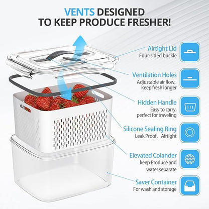 damynuo 10Pack Fruit Storage Containers for Fridge - Berry Containers with Vent and Handle Lids, Fruit Containers for Fridge with Colander, lettuce keeper for Refrigerator Organizers and Storage