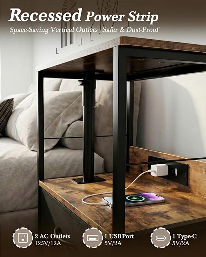 Faesun Swivel Lift Top Nightstand with Charging Station, Rolling Side Table for Recliner, Bedside Table with Wheels & 2 Fabric Drawers, for Small Spaces, for Bedroom, Living Room, Brown Black