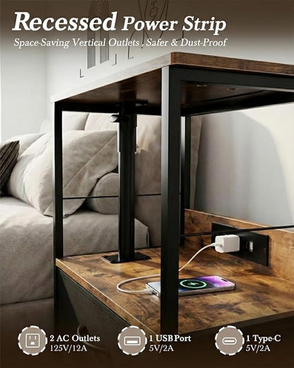 Faesun Swivel Lift Top Nightstand with Charging Station, Rolling Side Table for Recliner, Bedside Table with Wheels & 2 Fabric Drawers, for Small Spaces, for Bedroom, Living Room, Brown Black