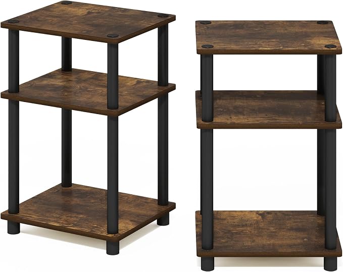 Furinno JUST Side Table Set of 2, 3-Tier Modern End Tables, Open Shelves Night Stand, Nightstand Set, Toolless Assembly, for Living Room, Bedroom, Amber Pine
